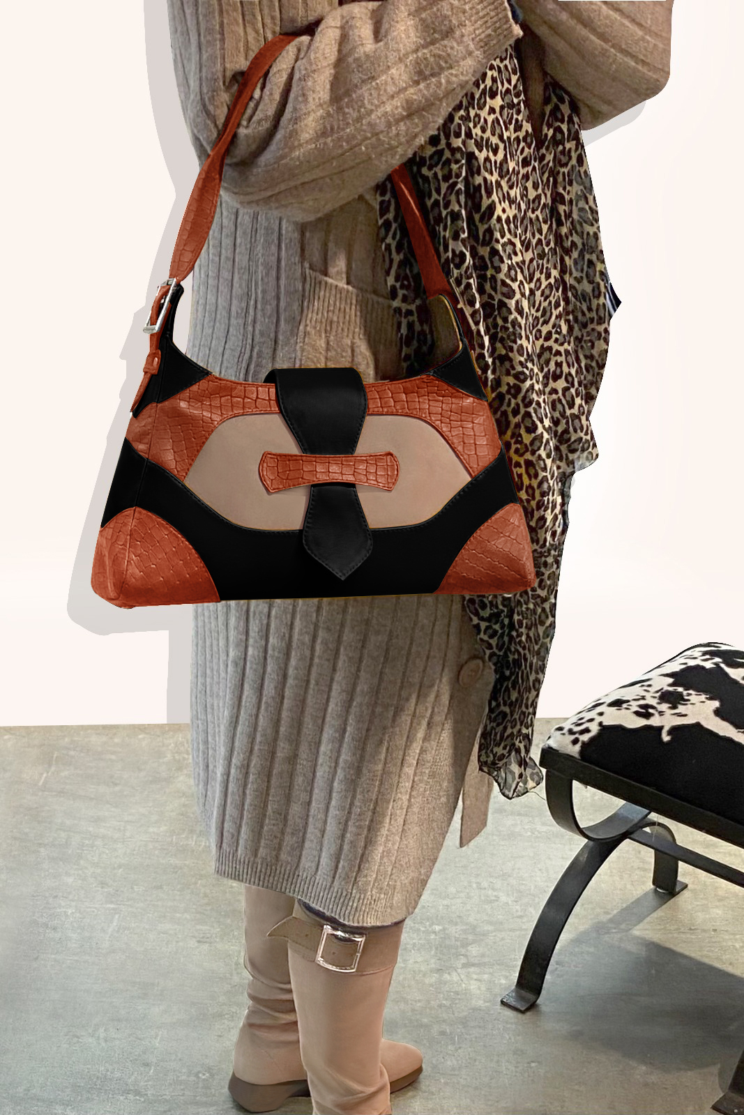 Matt black, biscuit beige and terracotta orange women's dress handbag, matching pumps and belts. Worn view - Florence KOOIJMAN